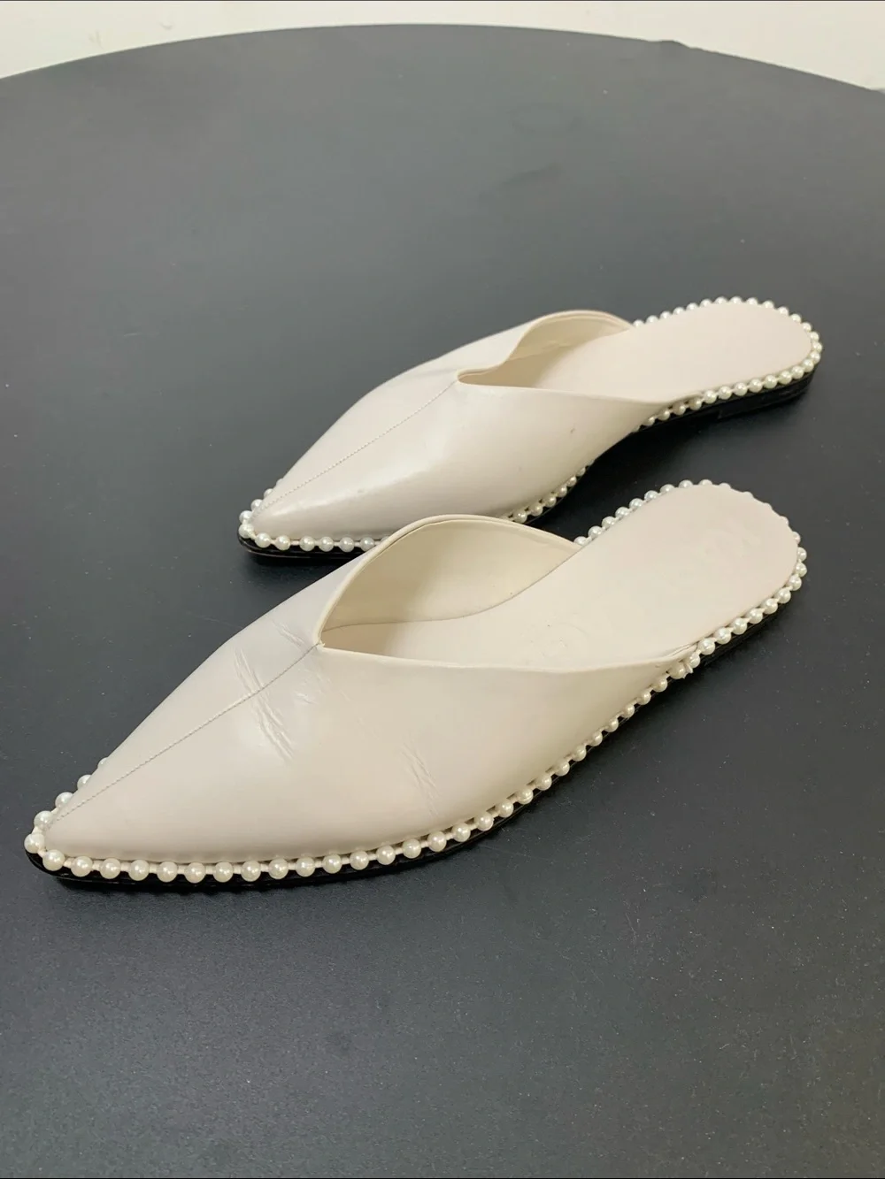 Karl Lagerfeld Pearl-Trim Pointed Slide Mules in Cream